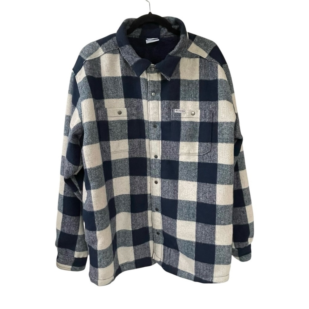 Columbia Windward II Sherpa Lined Plaid Shirt Jacket Shacket Navy Cream XL